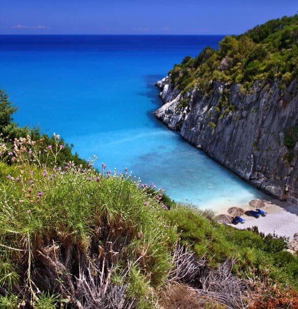 Xygia beach below green cliffs with turquoise water, Zakynthos